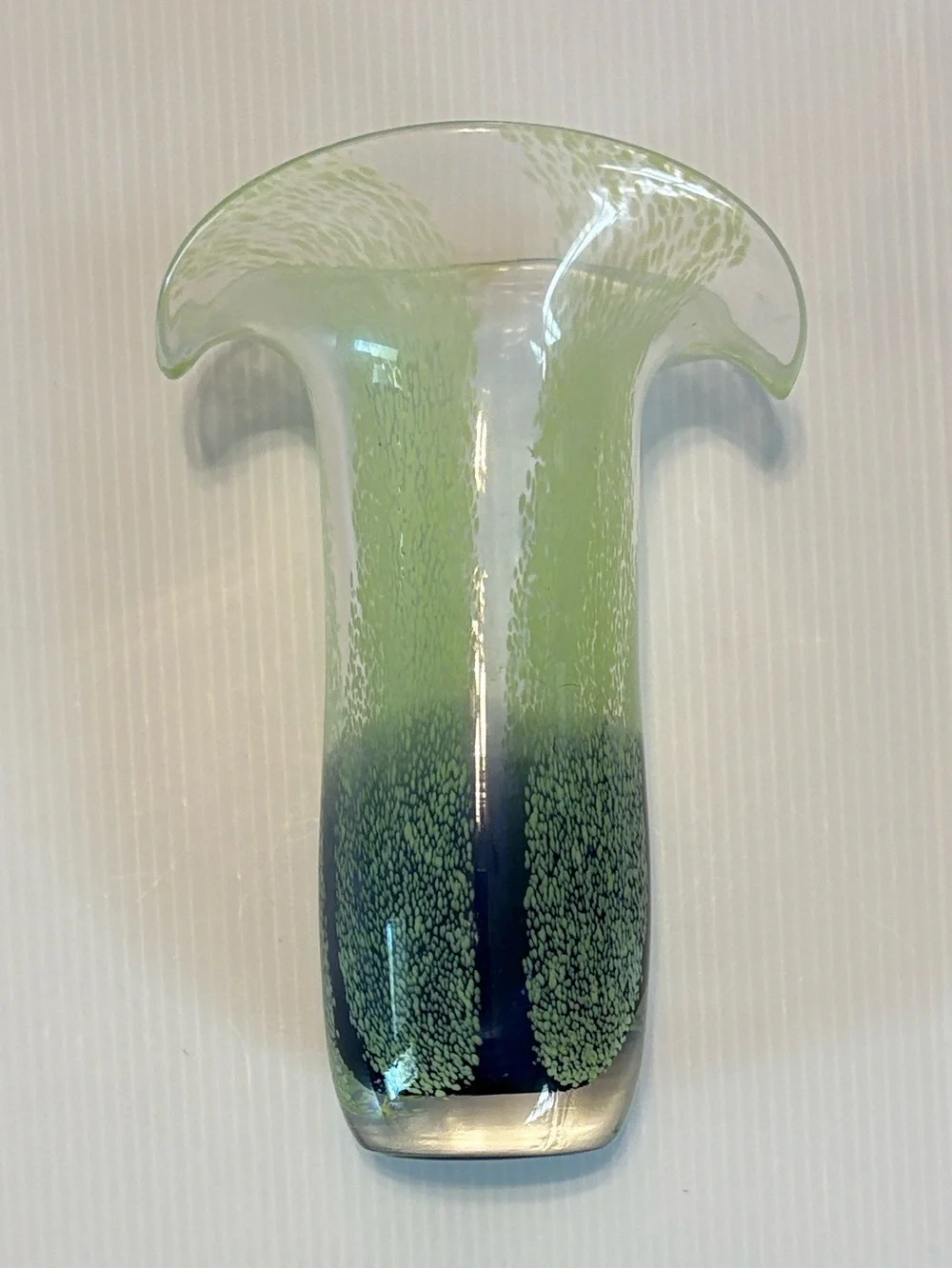 Vintage Hand Blown Teleflora Glass Vase Speckled Green Blue Curved Edge